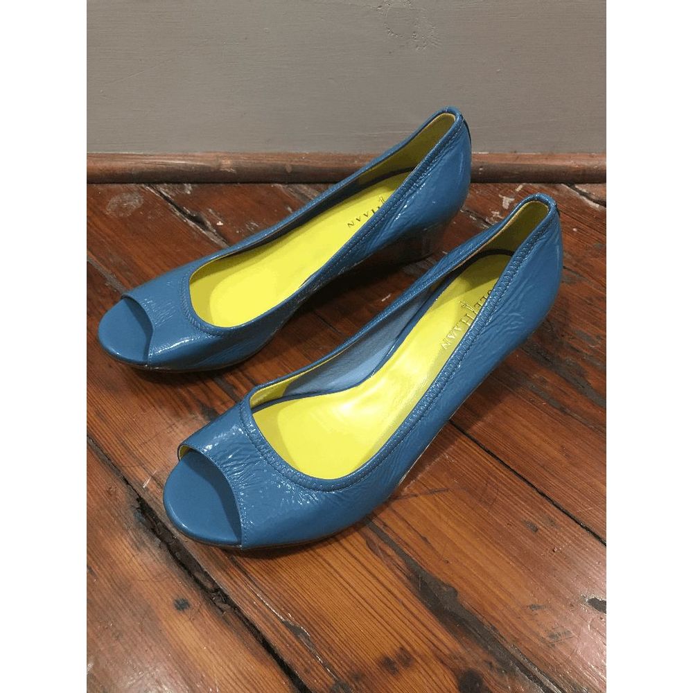 Cole Haan Blue Peep-Toe Patent Wedge Heels with Yellow Insoles